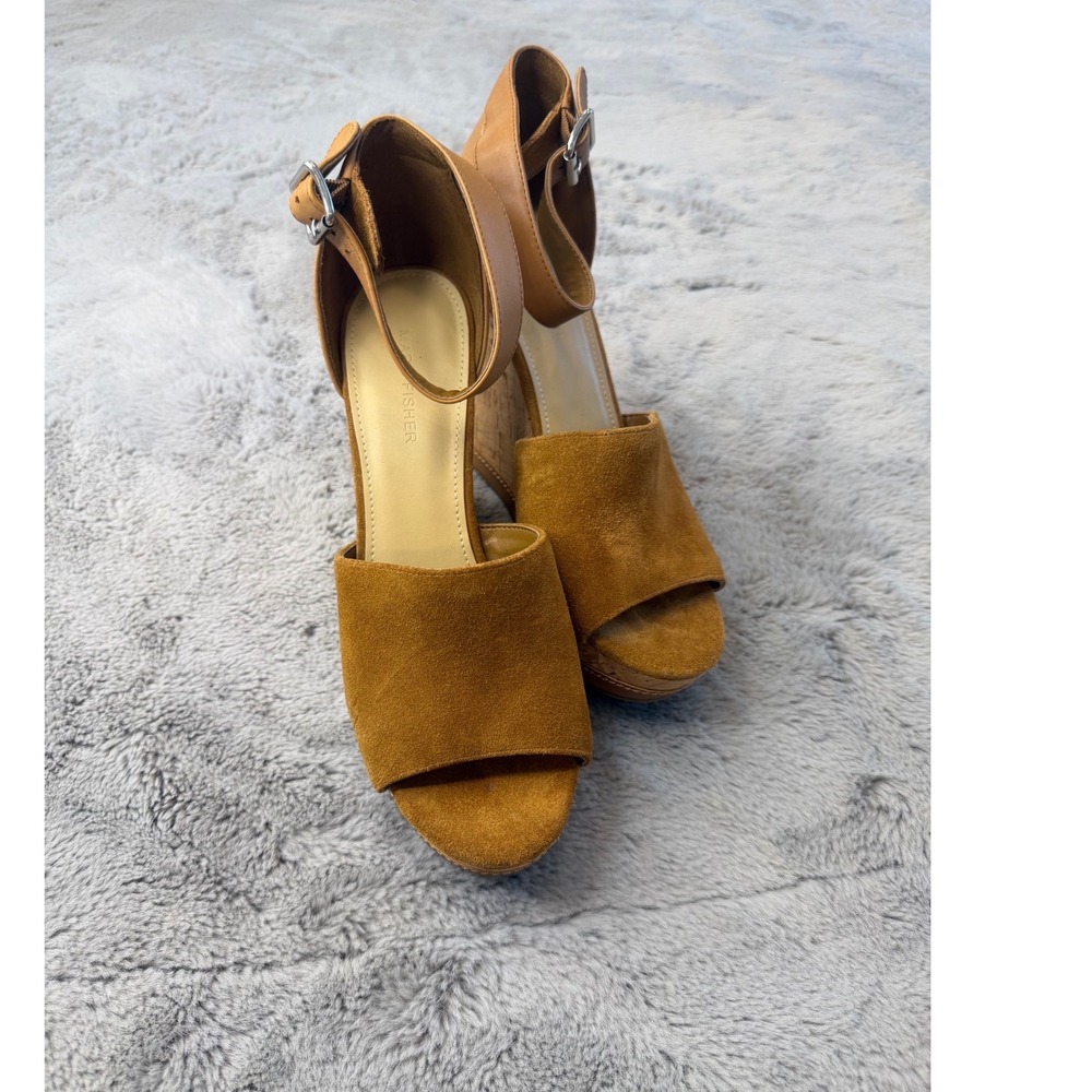 Marc Fisher Hillory Tan Suede Cork Platform Wedge Sandals Ankle Strap Womens 10M - Picture 9 of 11
